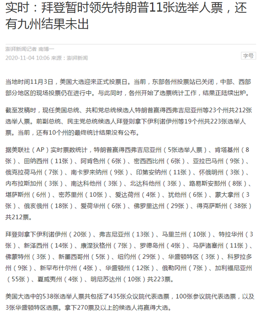 选举人票初显胶着，特朗普九州领先，60张选举人票暂定基调